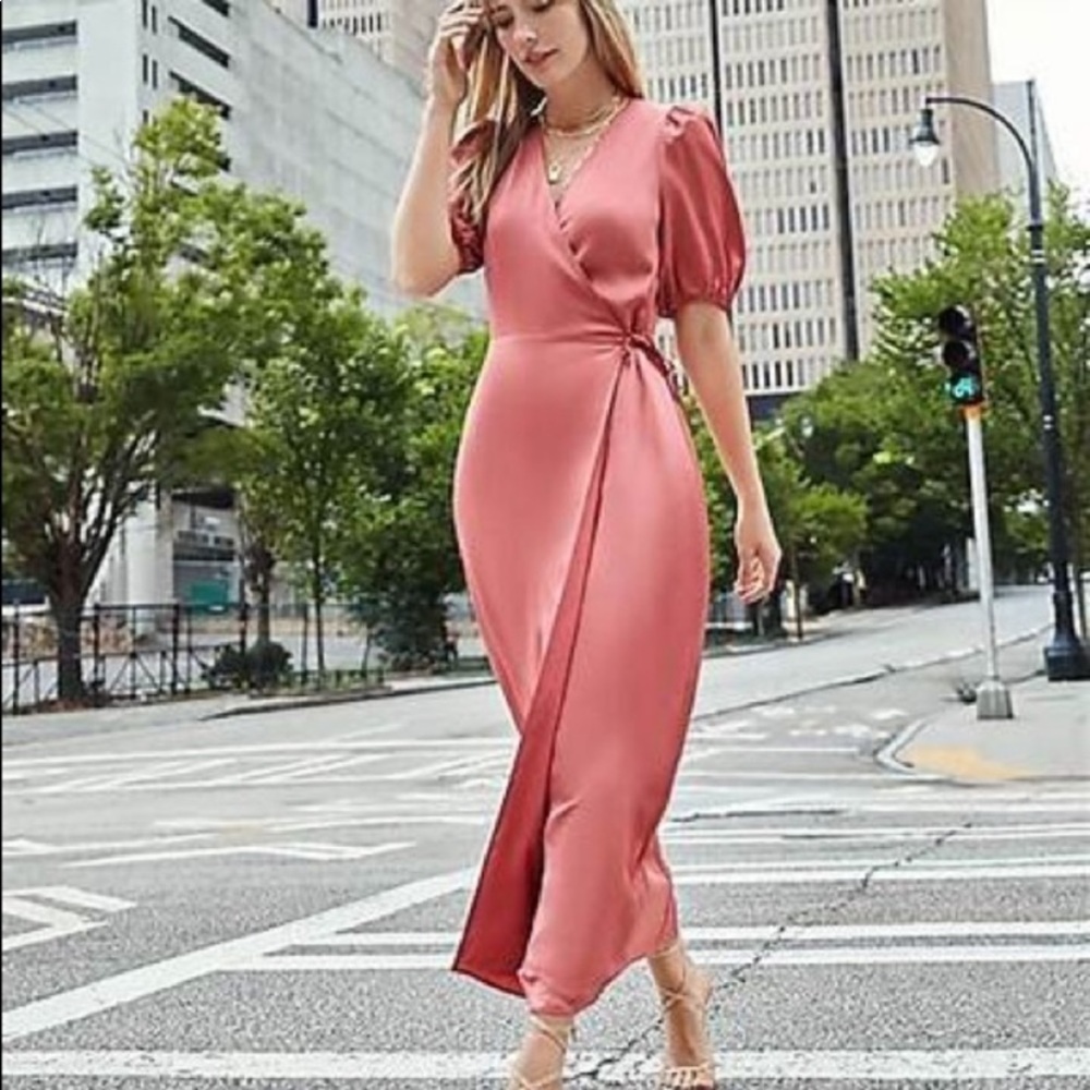 satin puff sleeve maxi wrap dress.